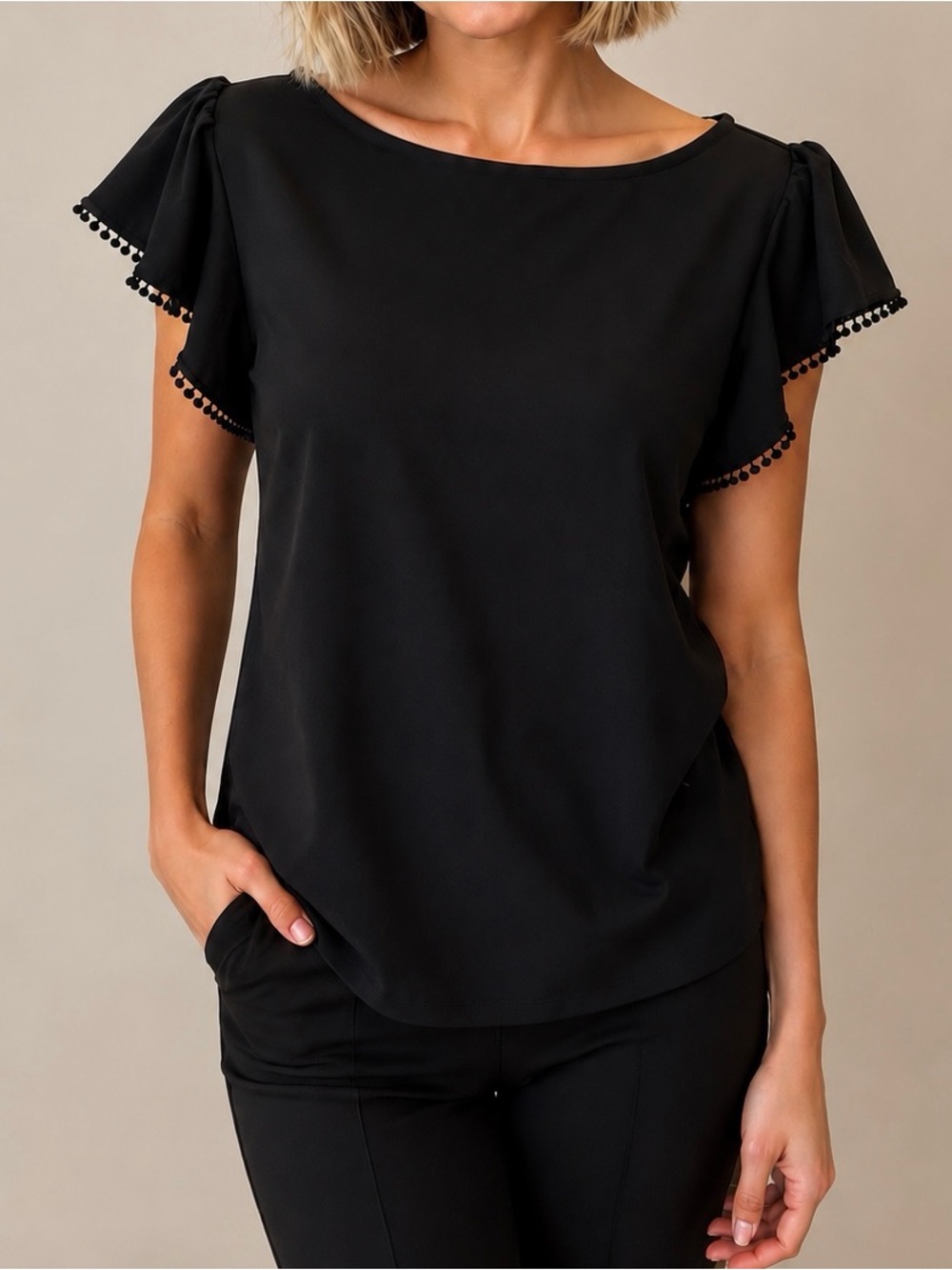 Ann Taylor Flutter Sleeve Pom Pom Trim Boat Neck Knit Top Black M